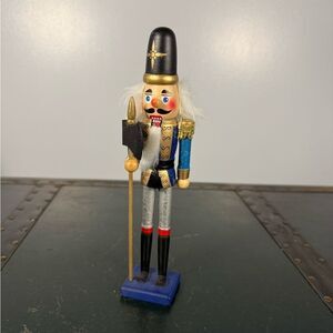 Wooden Nutcracker Hand Painted 9" Blue Uniform Top Movable Mouth Used